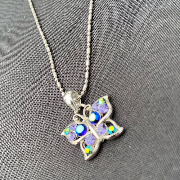 Cookie Lee Butterfly Necklace - Silver Tone with Purple and Blue Gems - Picture 3 of 9